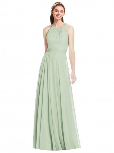 Affordable Open Back Halter Chiffon Bridesmaid Dress with Flowy Bow Canada