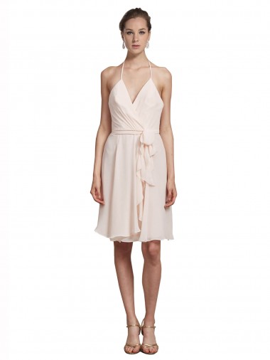 Affordable Short Knee Length Wrap Chiffon Halter Bridesmaids Dress Canada