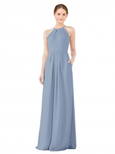 Affordable Fitted Long High Halter Neck Chiffon Bridesmaid Dress with Keyhole Back Canada