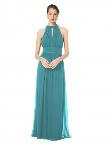 Affordable Ruched Long Chiffon Halter Bridesmaid Dress with Tie Back and Tails Canada