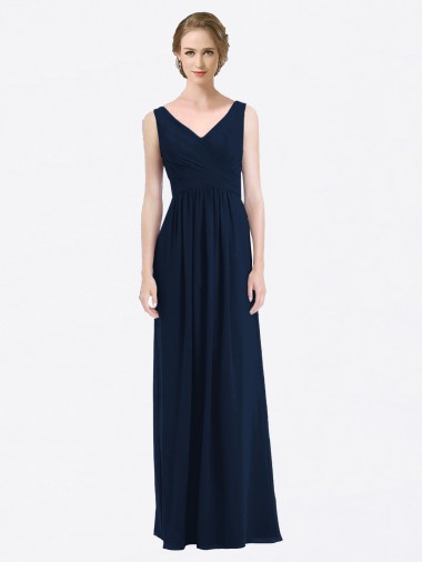Affordable Long Chiffon V-Neck Sleeveless Bridesmaid Dress with Criss-Cross Pleated Bodice Canada
