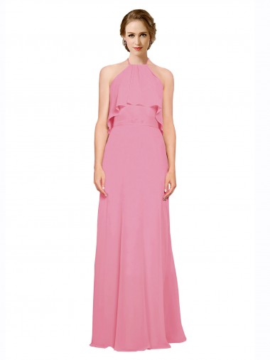 Affordable Ruffle Halter Neck A-Line Chiffon Bridesmaid Dress with Open Back Canada