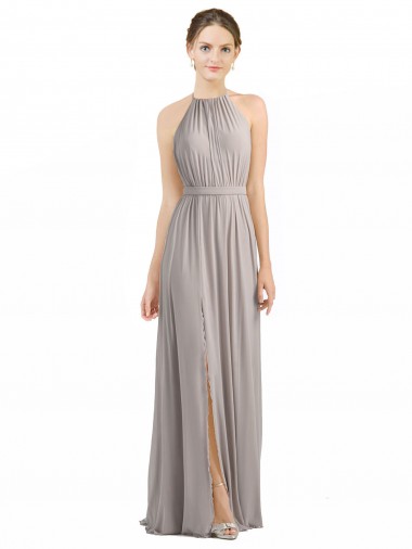 Affordable Backless Halter Chiffon Bridesmaid Dress with Front Slit and Tie Open Back Canada
