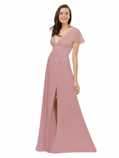 Affordable Flutter Sleeves Short Chiffon Bridesmaid Dress with Tie Belt Canada