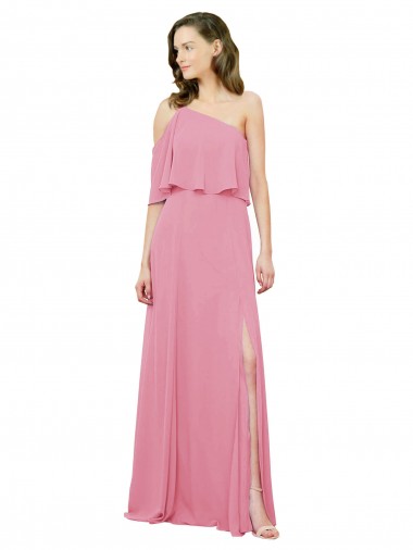 Affordable Sleeved One Shoulder Chiffon Bridesmaids Dress with Draped Ruffle Overlay Canada