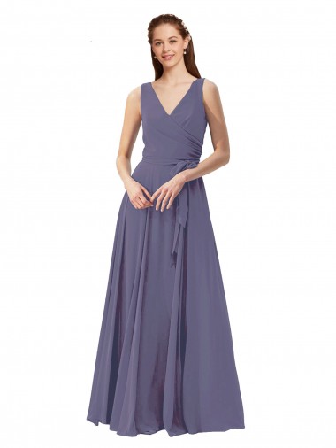 Affordable V-Neck Long Draped A-Line Chiffon Bridesmaid Dress Canada