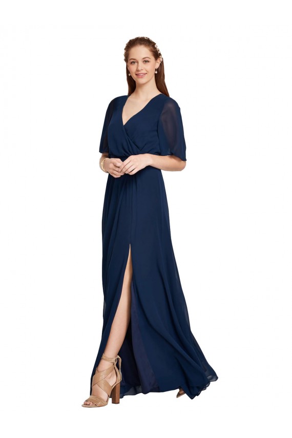 Affordable V-Neck Plush Chiffon Bridesmaid Dress with Flutter Sleeves Canada