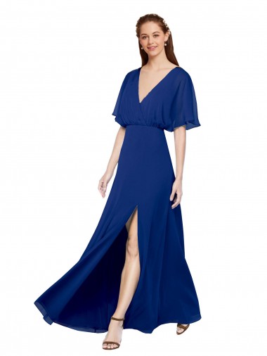 Affordable V-Neck Long Chiffon Bridesmaid Dress with Dolman Sleeved Bodice and Slit Canada