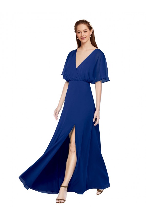 Affordable V-Neck Long Chiffon Bridesmaid Dress with Dolman Sleeved Bodice and Slit Canada