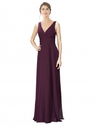 Affordable Long Chiffon Bridesmaid Dress with Ruched Criss Cross V-Neck Bodice Canada