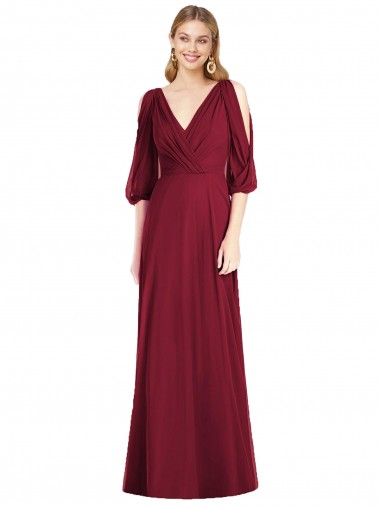 Affordable Draped V-Neck Bell Sleeves V-Back Chiffon Bridesmaid Dress Canada