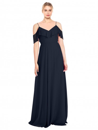 Affordable Draped Sleeves Flounce Neckline Long Chiffon Bridesmaid Dress with Spaghetti Straps Canada
