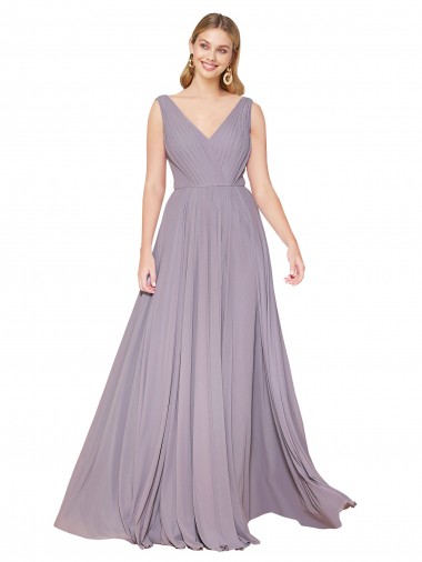 Affordable Draped Floor Length High Neck V-Back Chiffon Bridesmaid Dress / Formal Prom Dress with Shirred Bodice Canada