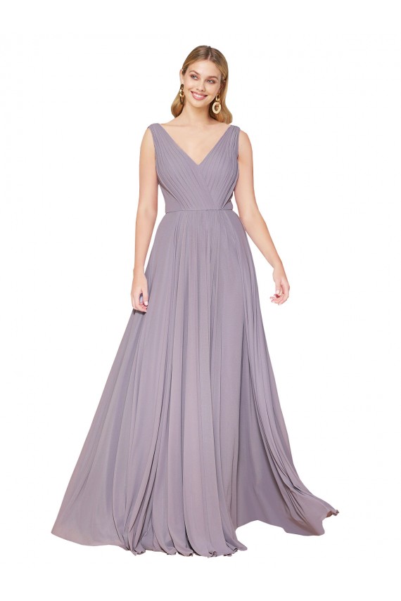Affordable Draped Floor Length High Neck V-Back Chiffon Bridesmaid Dress / Formal Prom Dress with Shirred Bodice Canada