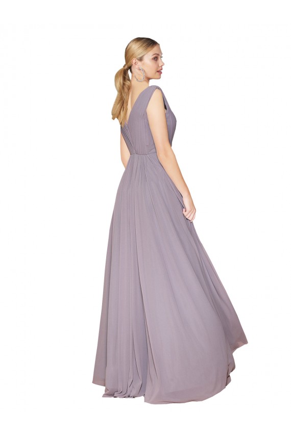 Affordable Draped Floor Length High Neck V-Back Chiffon Bridesmaid Dress / Formal Prom Dress with Shirred Bodice Canada