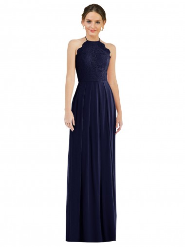 Affordable Tie Neck Lace Halter Pleated Skirt Maxi Bridesmaid Dress Canada