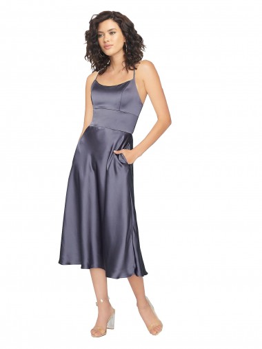 Affordable Midi Cocktail Length Silky Satin Bridesmaid Dress / Prom Dress with Open Tied Back & Pockets Canada