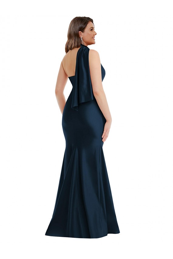 Affordable Scarf Neck One Shoulder Formal Silky Satin Mermaid Bridesmaid Dress / Prom Dress with Front Slit Canada