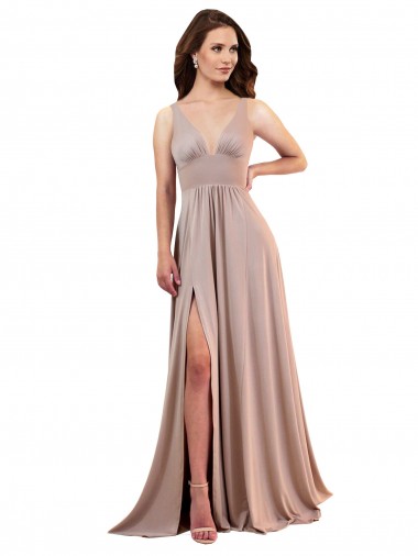 Affordable Long A-Line Plunge V-Neckline Formal Spandex Bridesmaid Dress / Prom Dress with Slit Canada