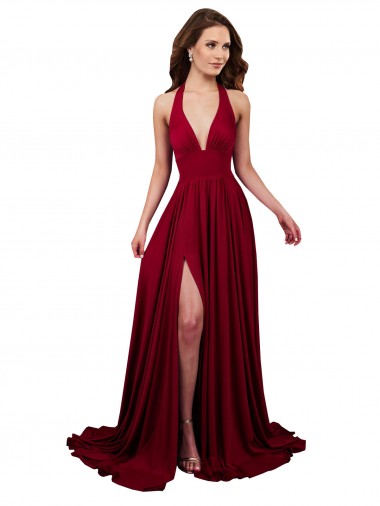 Affordable A-Line Halter Plunge V-Neckline Open Back Formal Spandex Bridesmaid Dress / Prom Dress with Slit Canada