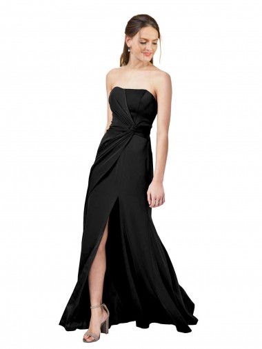 Affordable Strapless Fit and Flare Long Formal Crepe Bridesmaid Dress / Prom Dress with Knot and Slit Canada
