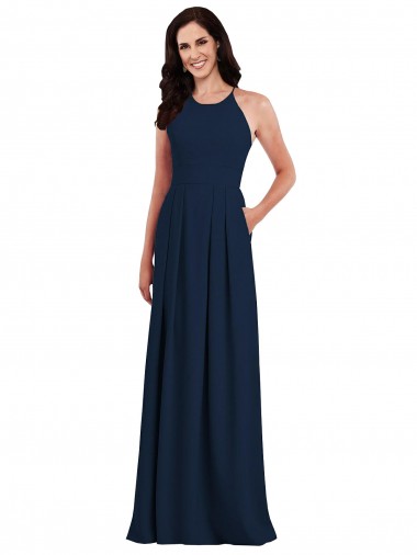 Affordable Criss Cross Back Crepe Halter Bridesmaid Dress with Pockets Canada