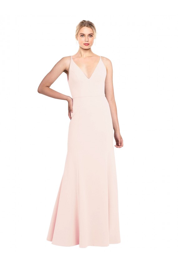 Affordable Slim A-Line V-Neck Long Stretch Formal Crepe Bridesmaid Dress / Prom Dress with V-Back Canada