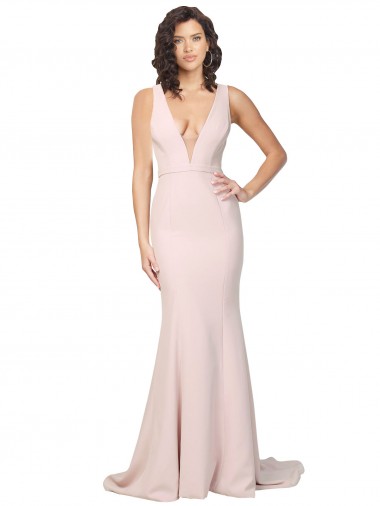 Affordable Deep Plunging V-Neckline Full Length Formal Crepe Bridesmaid Dress / Prom Dress with Deep V-Backline Canada