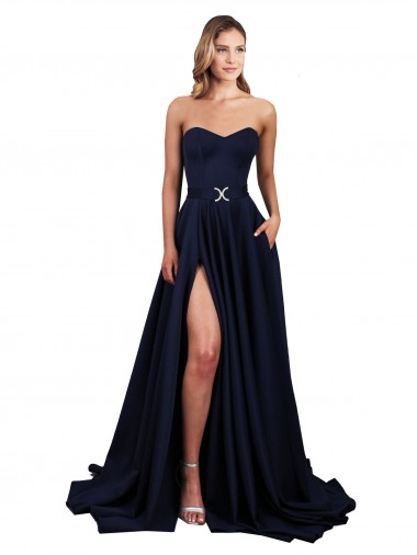 Affordable Sweetheart Neckline Low Back Long Formal Crepe Bridesmaid Dress / Prom Dress with Pockets & High Leg Spit Canada
