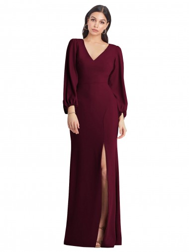 Affordable Long Puff Sleeve V-Neck Trumpet Bridesmaid Maxi Dress Canada