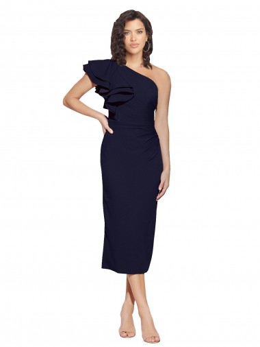 Affordable Ruched Midi Length Short Cocktail Formal Crepe Bridesmaid Dress / Prom Dress with Shoulder Ruffles Canada