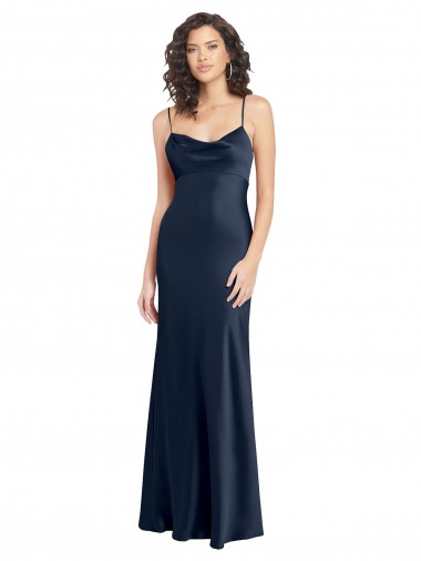 Affordable Cowl Neck Long Empire Waist Formal Stretch Satin Bridesmaid Dress with Open Back Canada