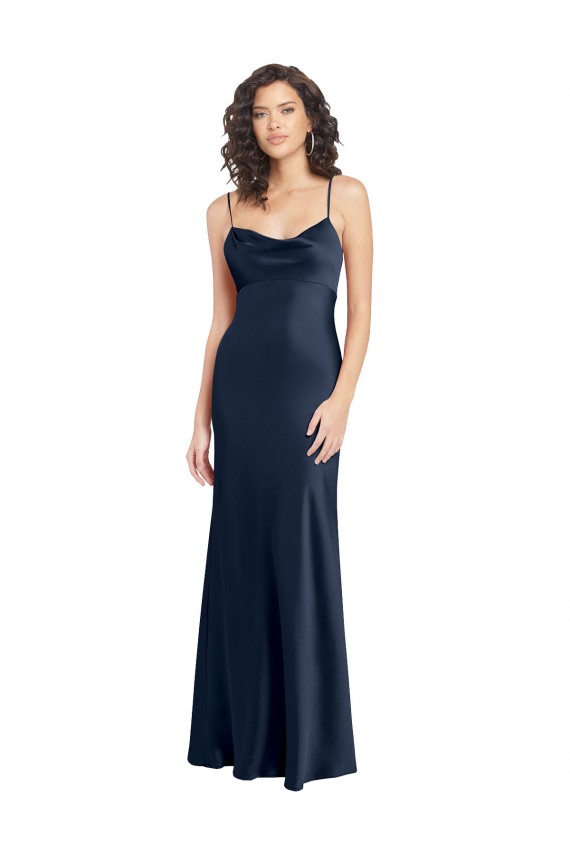 Affordable Cowl Neck Long Empire Waist Formal Stretch Satin Bridesmaid Dress with Open Back Canada