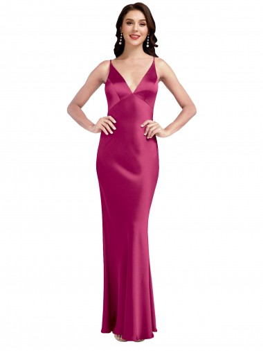 Affordable V-Neck Spaghetti Straps Slim Formal Stretch Satin Bridesmaid Dress / Prom Dress with Low Scoop Back Canada