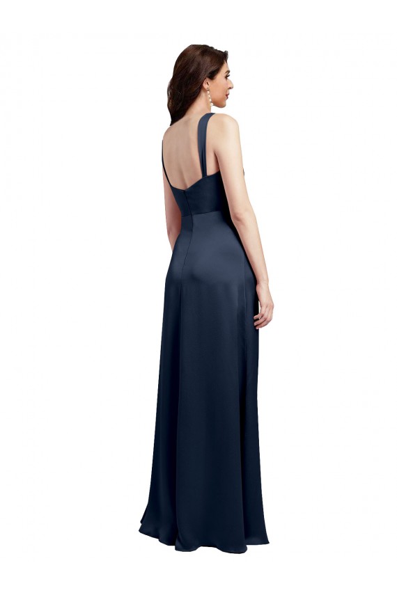 Affordable Cowl Neck Soft Long Formal Stretch Satin Bridesmaid Dress / Prom Dress with Side Slit and Pleated Straps Canada