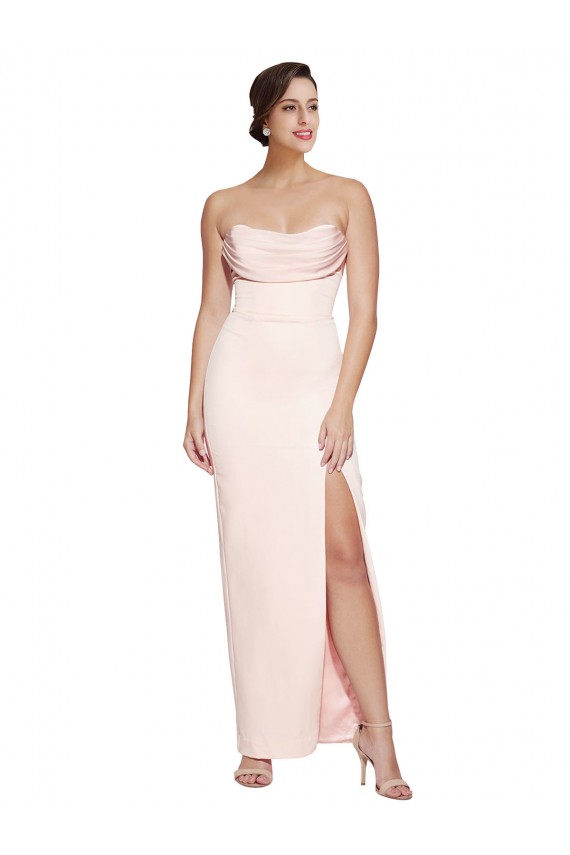 Affordable Cowl Neck Strapless Formal Stretch Satin Bridesmaid Dress / Prom Dress with High Split Canada