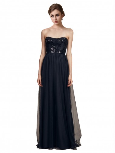Affordable Strapless Sequined Lace Long Bridesmaid Dress with Pleats Canada