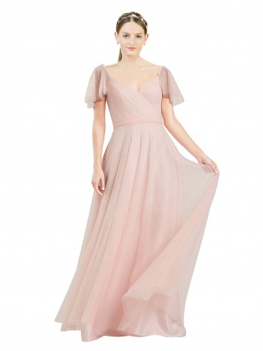 Affordable Long V-Neck Flutter Sleeves Tulle Bridesmaid Dress Canada
