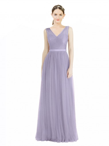 Affordable Wide Straps V-Neck Long Tulle Bridesmaids with Belt Canada