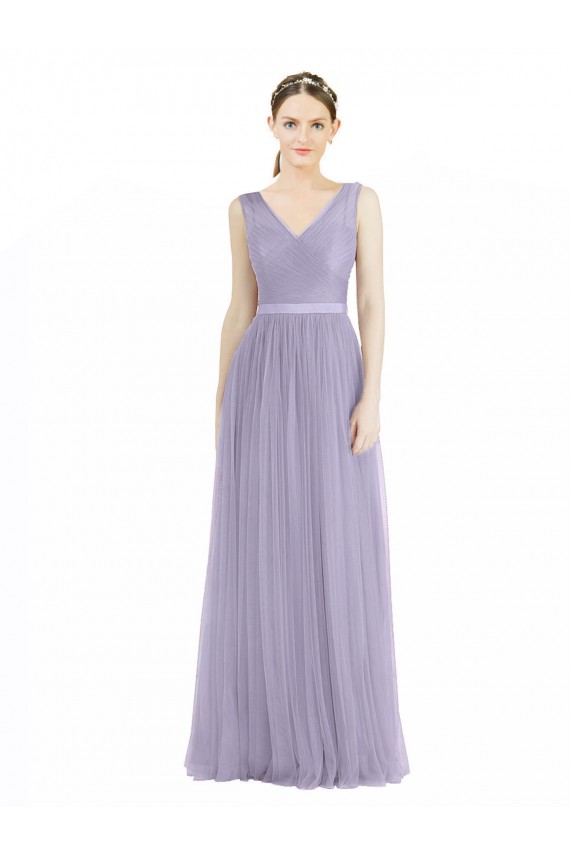 Affordable Wide Straps V-Neck Long Tulle Bridesmaids with Belt Canada