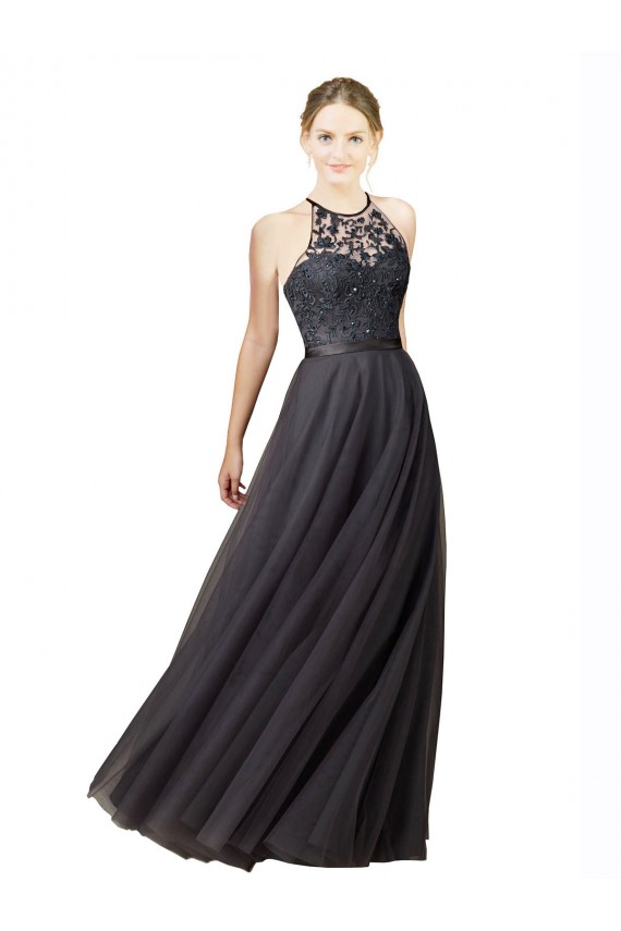Affordable Sweetheart Neckline Long Sleeveless Tulle Bridesmaid Dress with Lace Bodice Canada