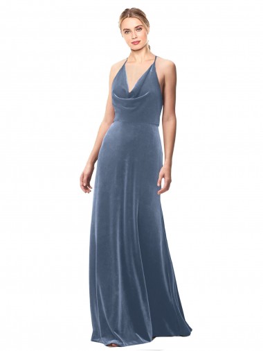 Affordable Halter Cowl Neck Long A-Line Velvet Bridesmaid Dress / Prom Dress with Keyhole Back Canada