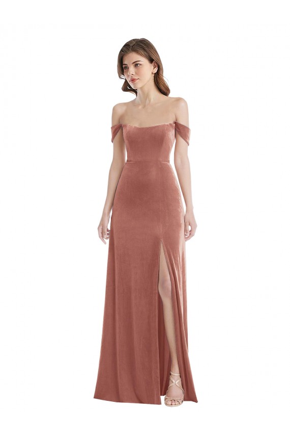 Affordable Off the Shoulder Flounce Sleeve Velvet Maxi Bridesmaid Dress / Prom Dress with Pockets Canada