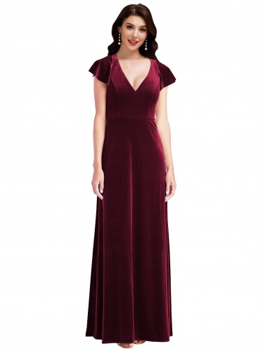 Affordable Flutter Sleeve Velvet Maxi Bridesmaid Dress / Prom Dress with Pockets Canada