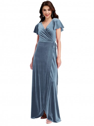 Affordable Flutter Sleeve Velvet Wrap Maxi Bridesmaid Dress / Prom Dress with Pockets Canada