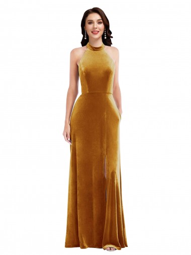 Affordable High-Neck Halter Velvet Maxi Bridesmaid Dress / Prom Dress with Front Slit Canada