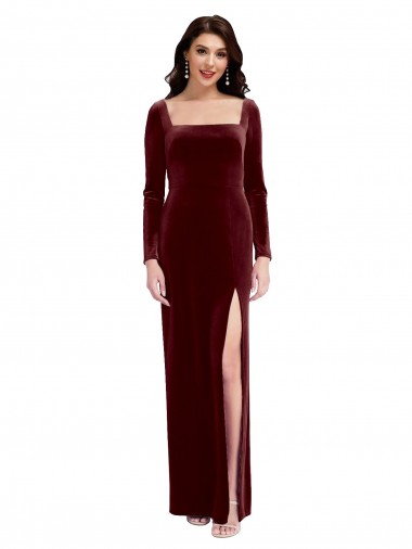 Affordable Sleek Square Neck Spaghetti Straps Velvet Bridesmaid Dress / Prom Dress with Side Slit Canada