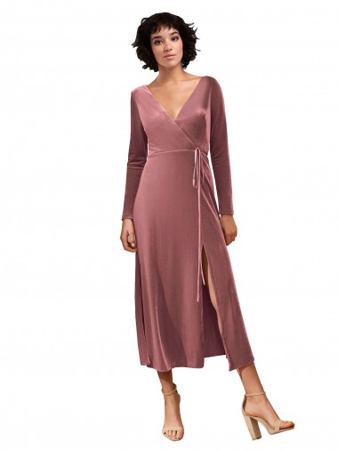 Affordable Long Sleeve Velvet Faux Wrap Midi Length Bridesmaid Dress / Prom Dress Canada