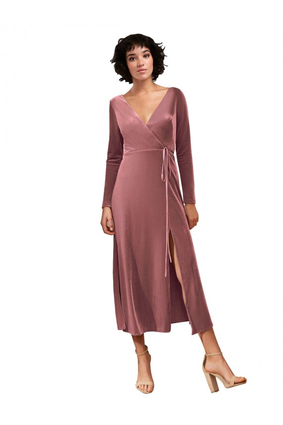 Affordable Long Sleeve Velvet Faux Wrap Midi Length Bridesmaid Dress / Prom Dress Canada