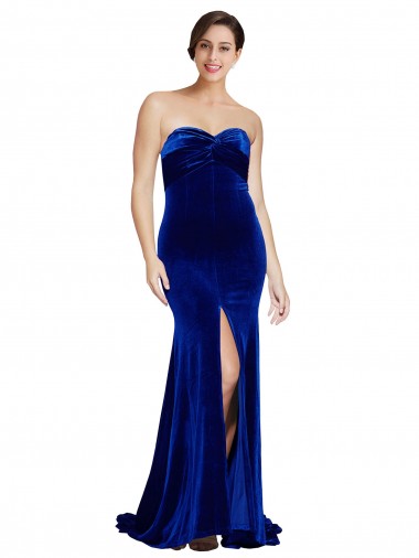 Affordable Strapless Ruched Formal Velvet Bridesmaid Dress / Prom Dress with Sweep Train and Front Slit Canada